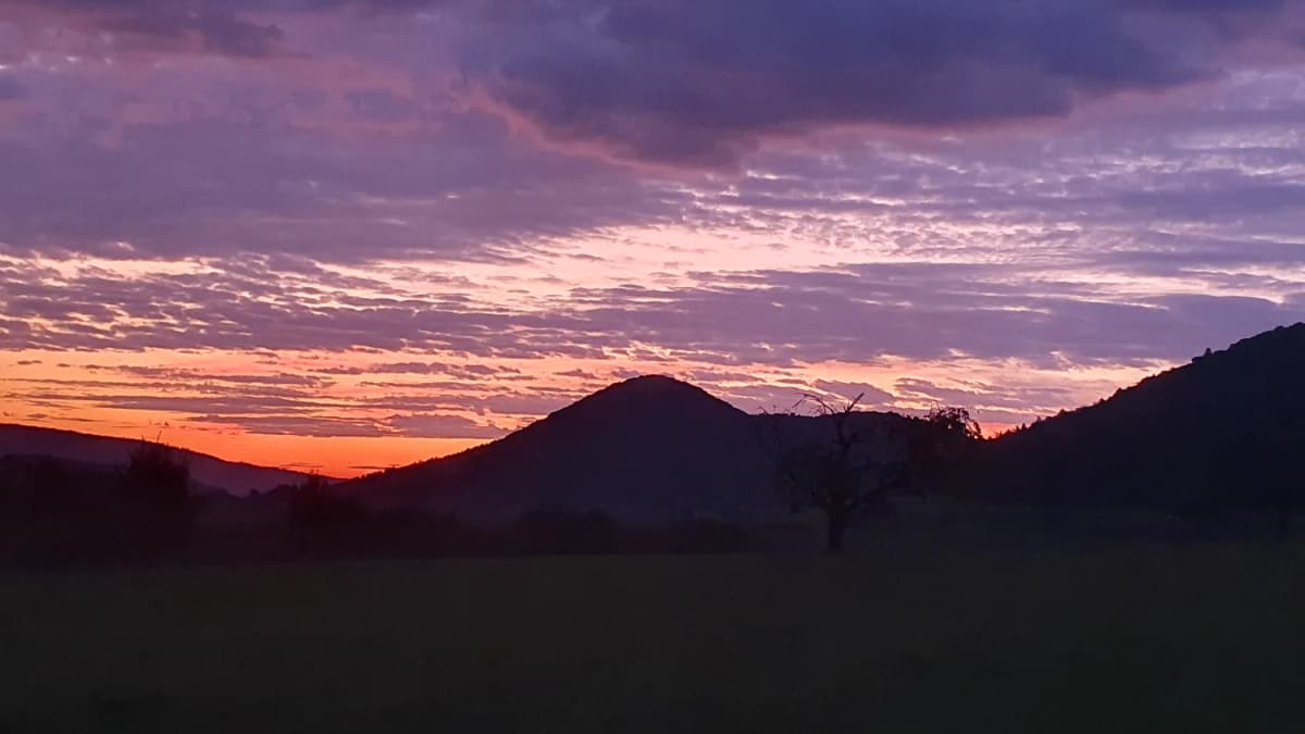Dramatischer Sonnenuntergang in Violett- und Orangetönen über einer stillen Hügellandschaft mit einem einzelnen kahlen Baum in der Dämmerung