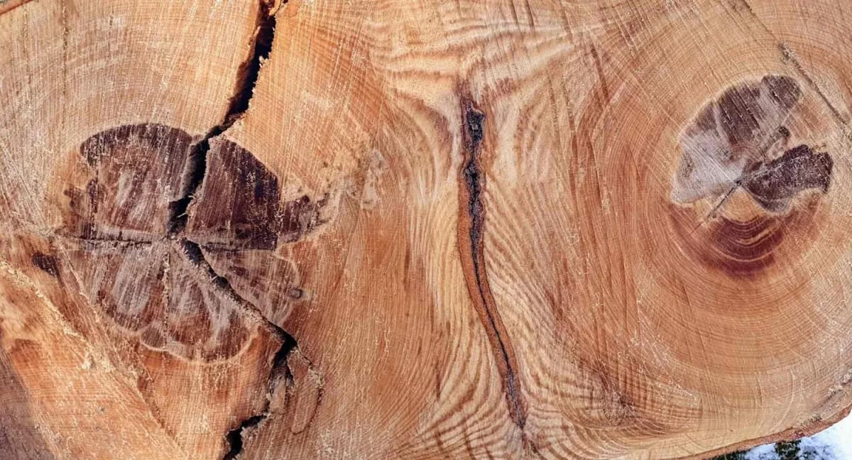 Nahaufnahme einer angeschnittenen Baumscheibe mit Jahresringen, Rissen und dunklen Kernflecken