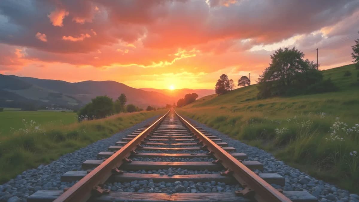 Bahngleise, die schnurgerade auf einen leuchtenden Sonnenuntergang zwischen sanften Hügeln zulaufen